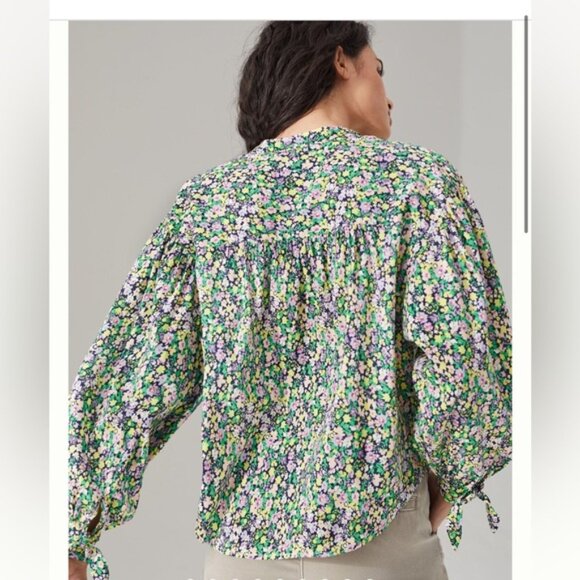 Anthropologie Maeve Ashleigh Floral Puff Sleeved Ties Button Down Oversize Top L - Picture 5 of 16
